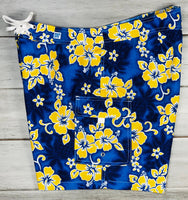 "Pina Colada" (Blue+Yellow) 7" Women's Cargo + Back Pocket Board Shorts - Board Shorts World Outlet