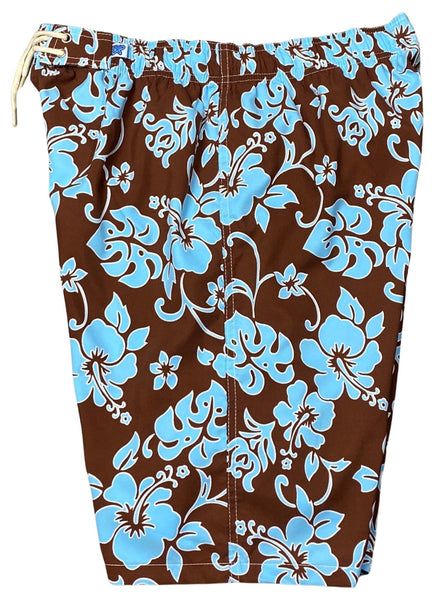 "Pure Hibiscus" (Brown + Blue) Women's Elastic Waist Swim Board Shorts. REGULAR Rise + 11" Inseam - Board Shorts World Outlet