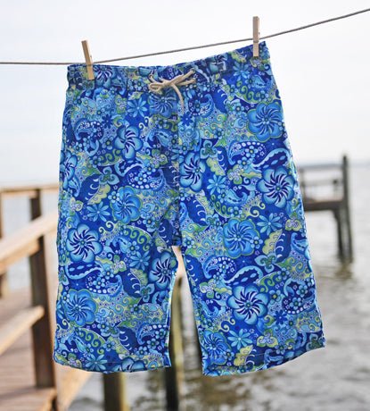 "Lucy in the Sky" (Blue) Womens Elastic Waist Swim Board Shorts. HIGHER WAIST/RISE + 11" Inseam - Board Shorts World Outlet