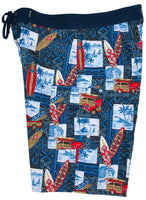 "Postcards" (Blue) Double Cargo Pocket Board Shorts - Board Shorts World Outlet