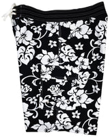 "Pure Hibiscus" Mens Board Shorts - 7" Inseam (Black) - Board Shorts World Outlet